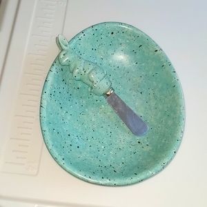 Egg shaped ceramic dish with bunny butter knife